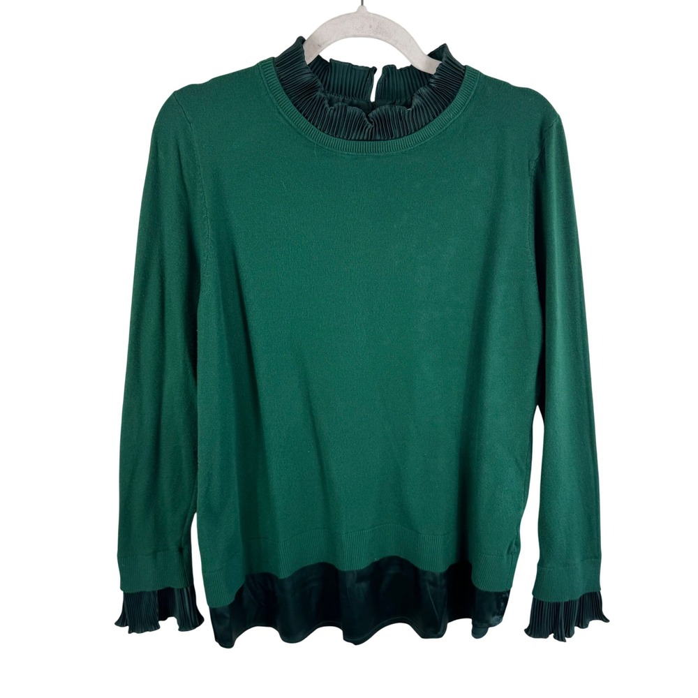 Sioni Milano Emerald Green Pleated Satin Trim Mixed Media Sweater XL Holiday